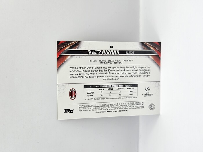 2023-24 Topps Chome Soccer Olivier Giroud Geometric Gold Refractors No.43