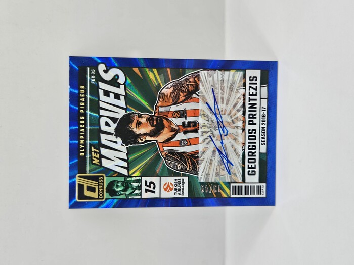 2024-25 PANINI DONRUSS EUROLEAGUE OLYMPIACOS GEORGIOS PRINTEZIS BLUE ''NET MARVELS'' AUTOGRAPH 13/49