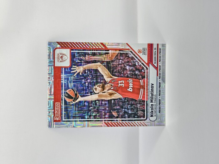 2024-25 PANINI DONRUSS EUROLEAGUE OLYMPIACOS NIKOLA MILUTINOV PURPLE PRESS PROOF 081/275